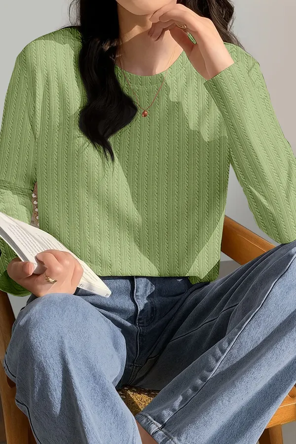 Green_Cotton_Blend_Casual_Round_Neck_Full_Sleeve_Top_For_Women