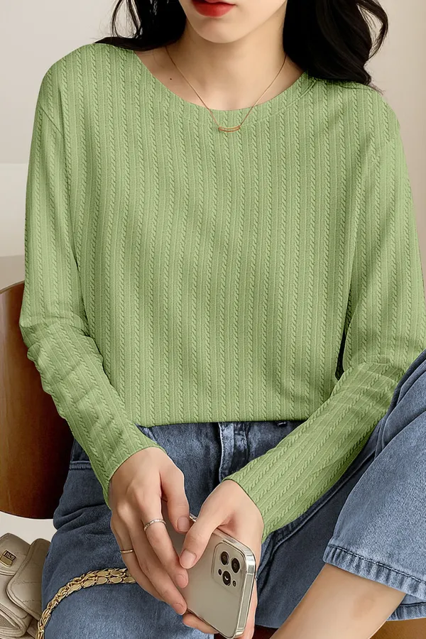 Green_Cotton_Blend_Casual_Round_Neck_Full_Sleeve_Top_For_Women