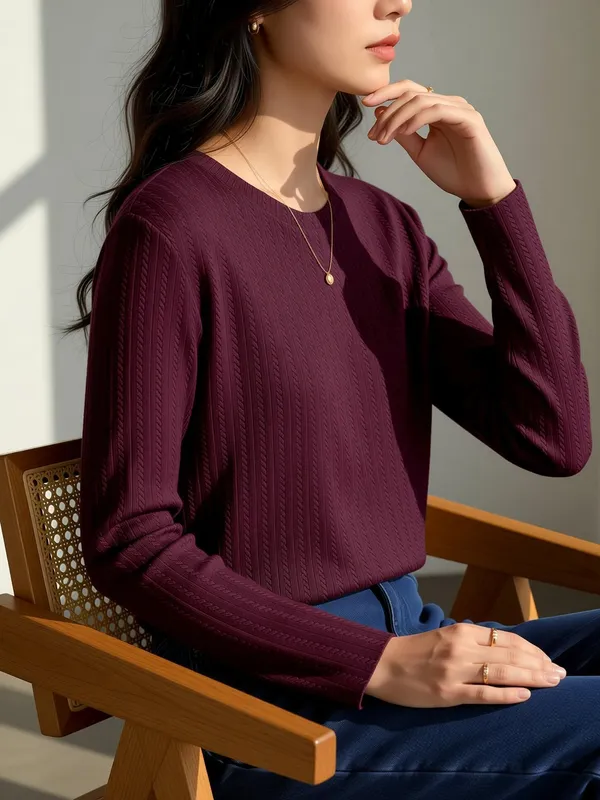 Maroon_Cotton_Blend_Casual_Round_Neck_Full_Sleeve_Top_For_Women