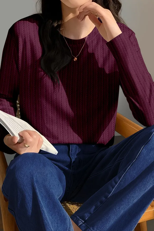 Maroon_Cotton_Blend_Casual_Round_Neck_Full_Sleeve_Top_For_Women