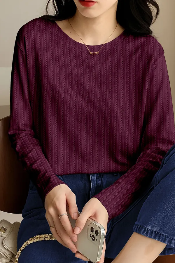 Maroon_Cotton_Blend_Casual_Round_Neck_Full_Sleeve_Top_For_Women