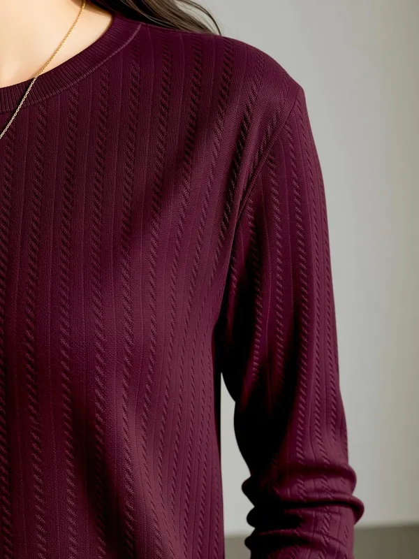 Maroon_Cotton_Blend_Casual_Round_Neck_Full_Sleeve_Top_For_Women