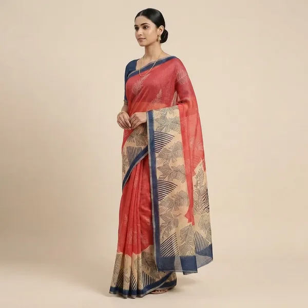 Red_Cotton_Traditional_Leaf_Print_Saree_For_Women