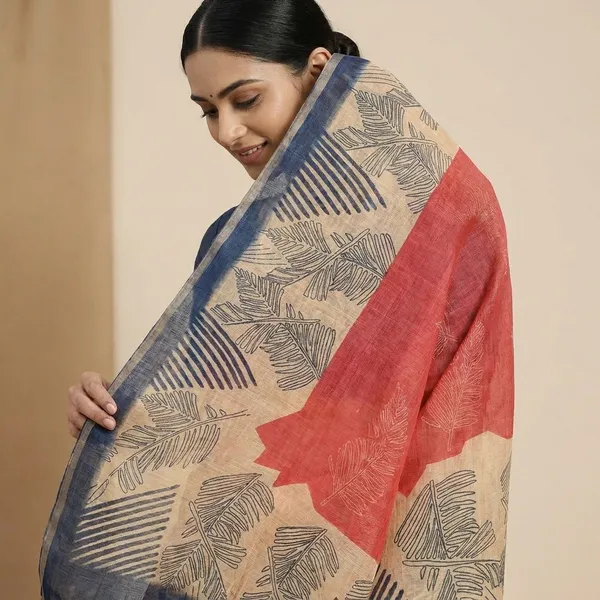 Red_Cotton_Traditional_Leaf_Print_Saree_For_Women