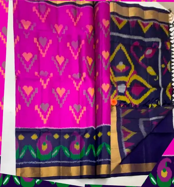 Pink_And__Navy_Blue_Traditional_Ikat_Weave_Silk_Saree_For_Women