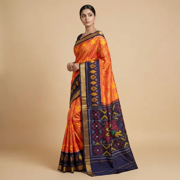 Orange_Silk_Traditional_Ikkat_Saree_For_Women