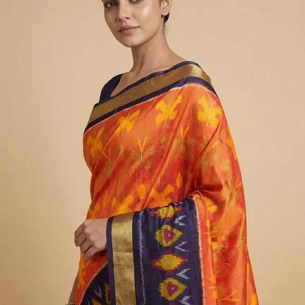 Orange_Silk_Traditional_Ikkat_Saree_For_Women