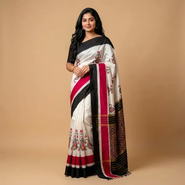 White_And_Black_Cotton_Handloom_With_Floral_Embroidery_Saree_For_Women