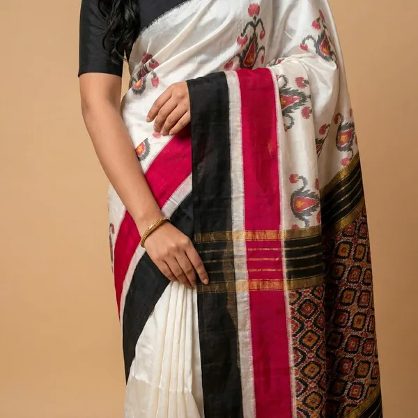 White_And_Black_Cotton_Handloom_With_Floral_Embroidery_Saree_For_Women