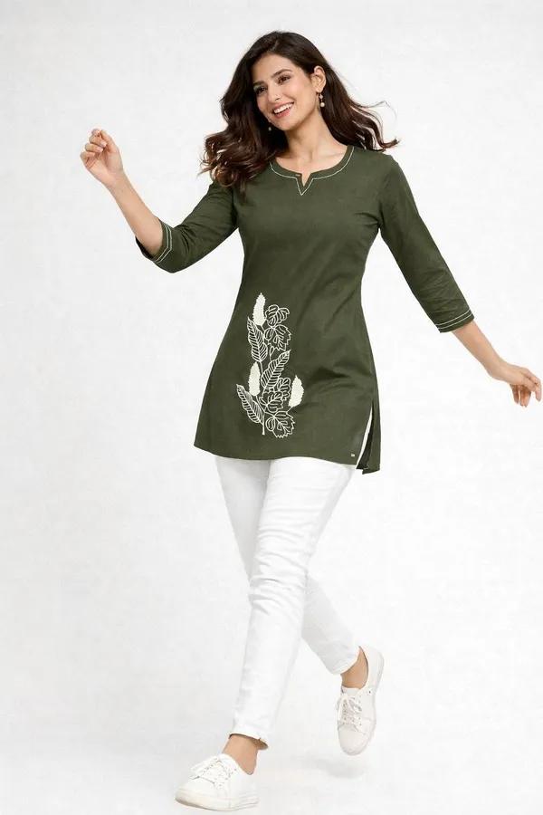 Olive_Green_Cotton_Embroidered_Tunic_Top_For_Women