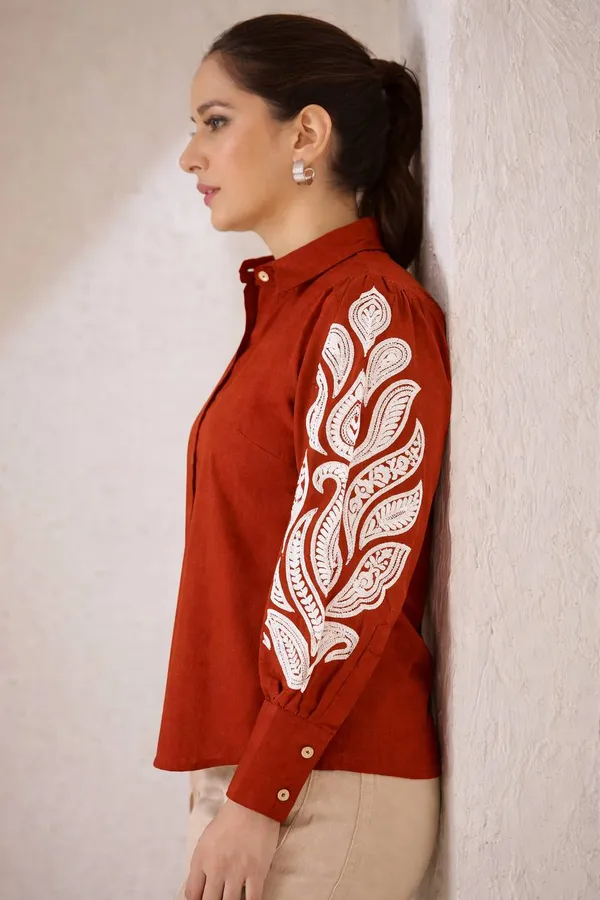 Maroon_Cotton_Embroidered_Shirt_For_Women