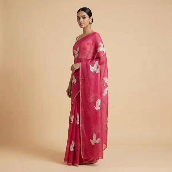 Magenta_Cotton_Crane_Bird_Embroidery_Saree_For_Women