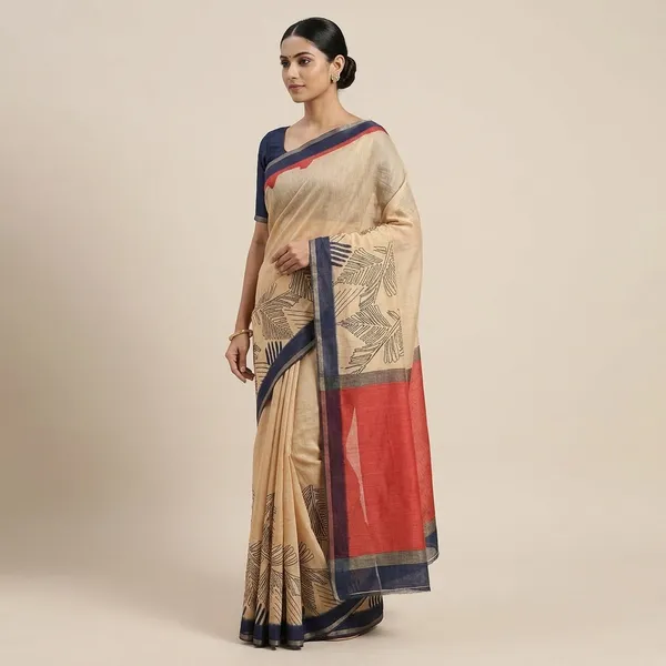 Beige_And_Navy_Blue_Cotton_Designer_Printed_Saree_For_Women