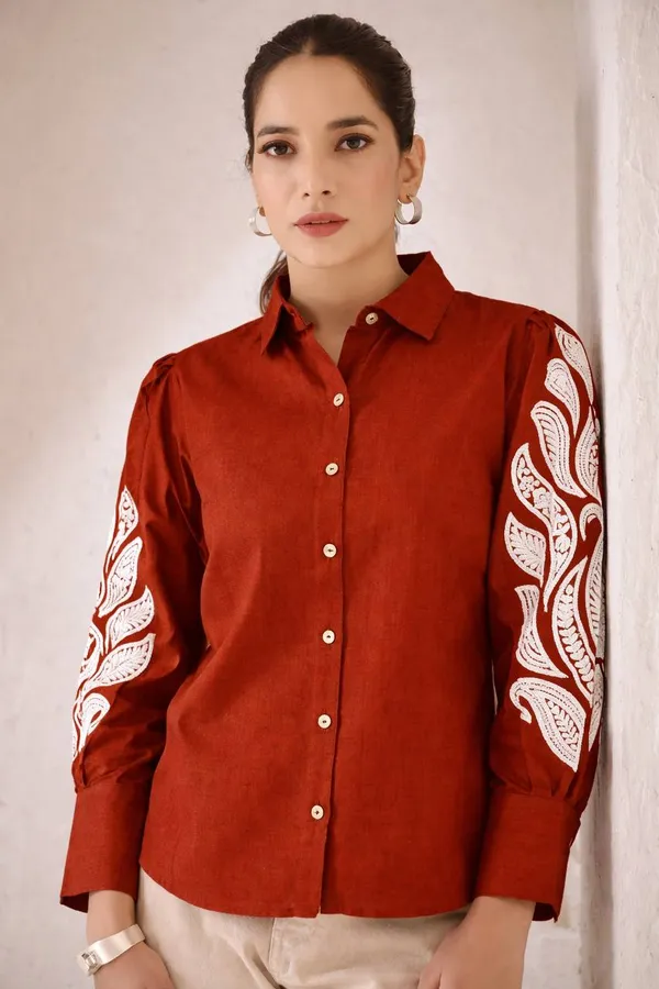 Maroon_Cotton_Embroidered_Shirt_For_Women