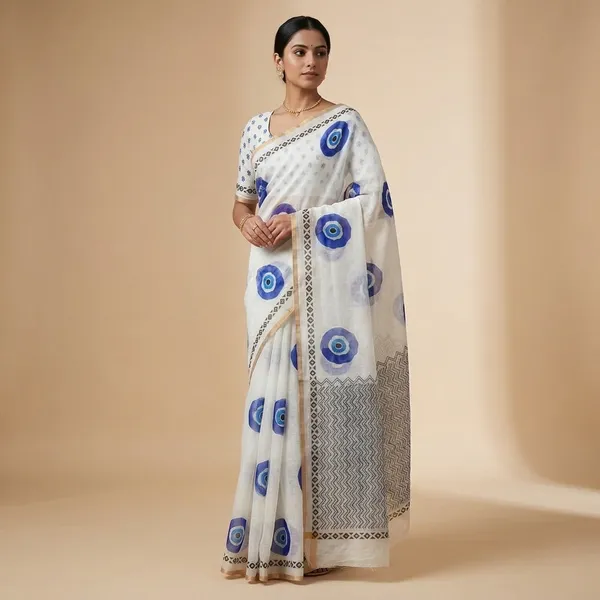 White_And_Blue_Cotton_Evil_Eye_Motif_And_Geometric_Saree_For_Women