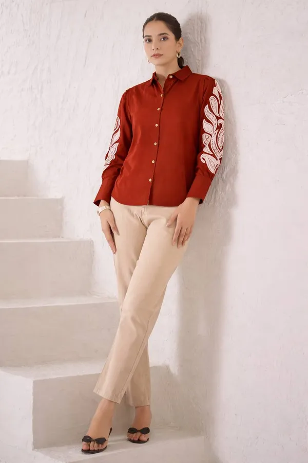Maroon_Cotton_Embroidered_Shirt_For_Women