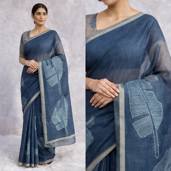 Indigo_Blue_Cotton_Feather_Print_And_Matching_Blouse_Piece_Saree_For_Women