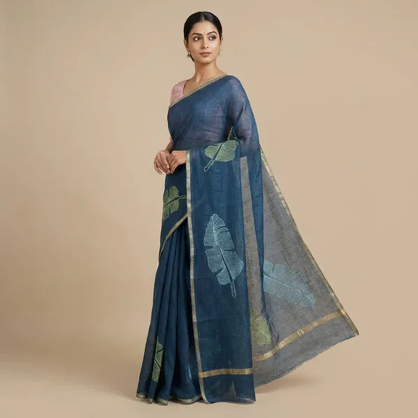 Navy_Blue_Cotton_Embroidered_Banana_Leaf_Motifs_Saree_For_Women