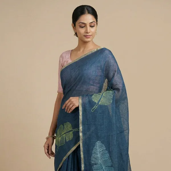 Navy_Blue_Cotton_Embroidered_Banana_Leaf_Motifs_Saree_For_Women