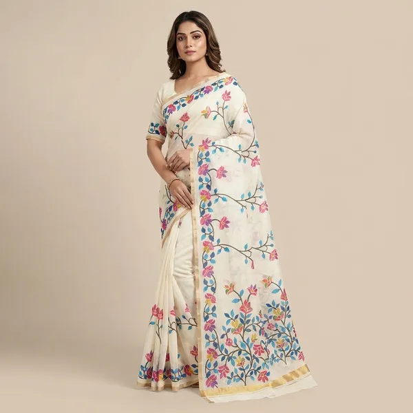 White_Cotton_Floral_Embroidered_Saree_For_Women