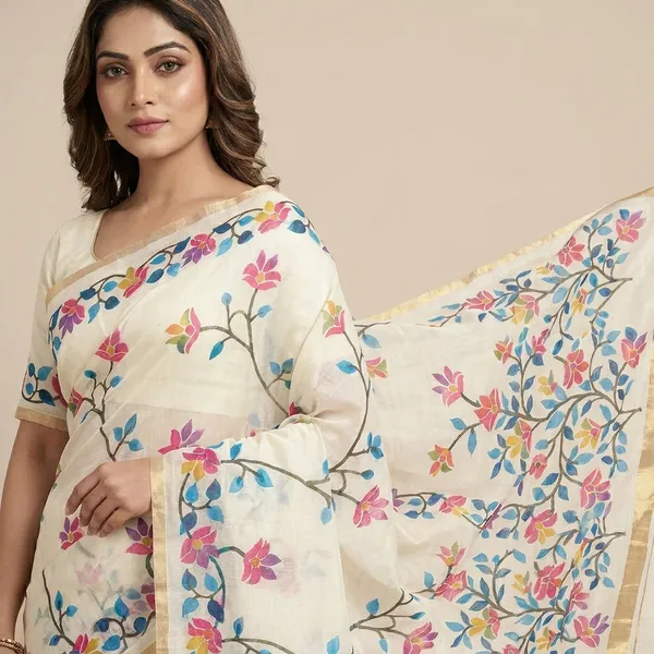 White_Cotton_Floral_Embroidered_Saree_For_Women