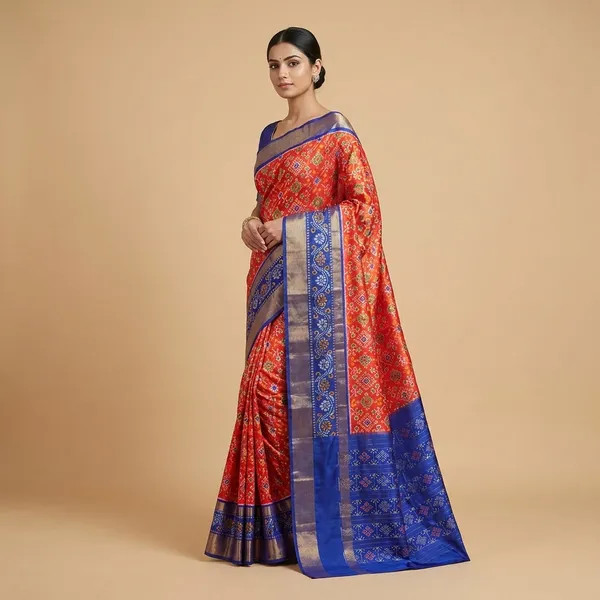Orange_And_Blue_Traditional_Patola_Silk_Saree_For_Women