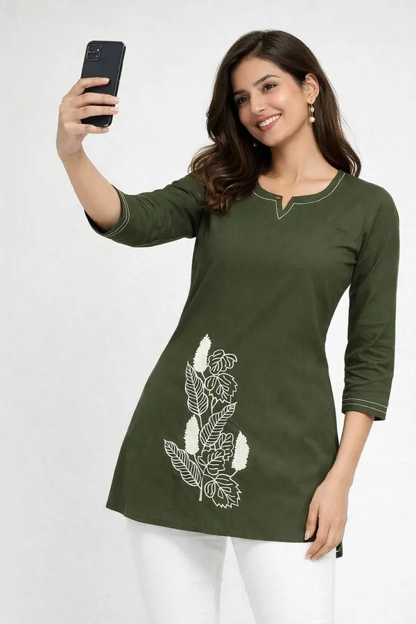 Olive_Green_Cotton_Embroidered_Tunic_Top_For_Women