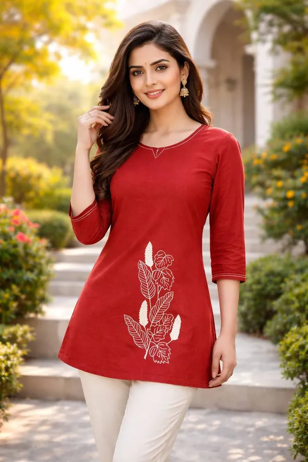 Maroon_Cotton_Embroidered_Tunic_Top_For_Women