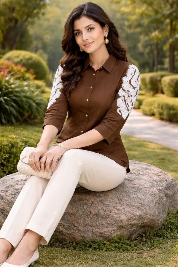 Brown_Dabu_Cotton_Embroidered_Shirt_For_Women