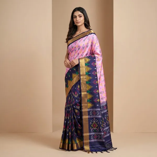 Pink_And_Navy_Blue_Traditional_Ikat_Silk_Saree_For_Women