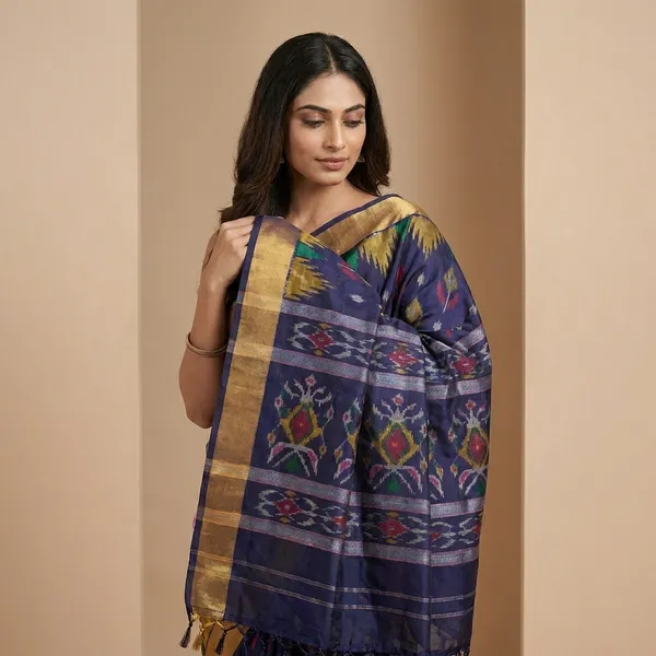 Pink_And_Navy_Blue_Traditional_Ikat_Silk_Saree_For_Women