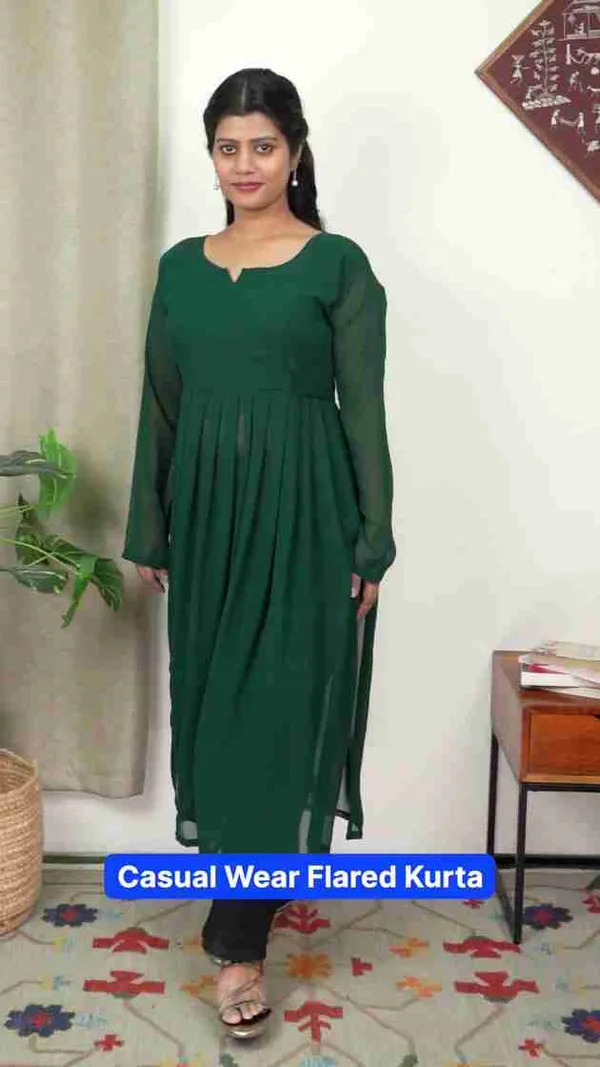 Purimaa_Women_Solid_Georgette_Flared_Kurta_Dark_Green