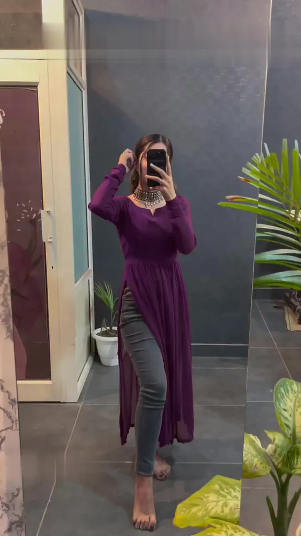 Solid_Georgette_Flared_Kurta_Purple