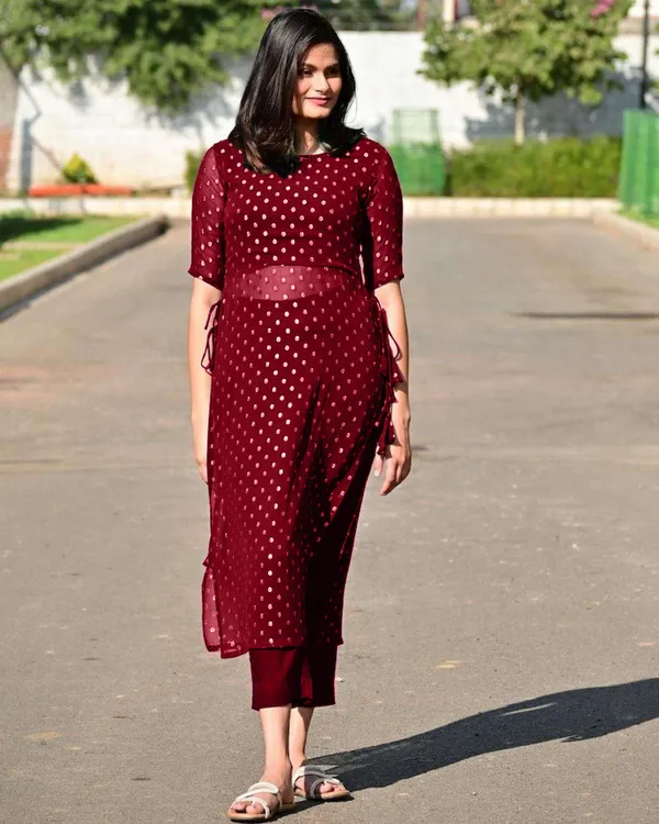 Printed_Georgette_Straight_Kurta_Maroon