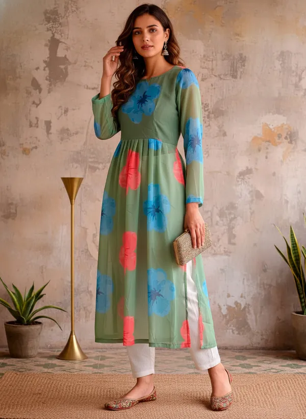 Printed_Georgette_Flared_Kurta_Green