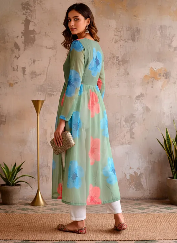 Printed_Georgette_Flared_Kurta_Green