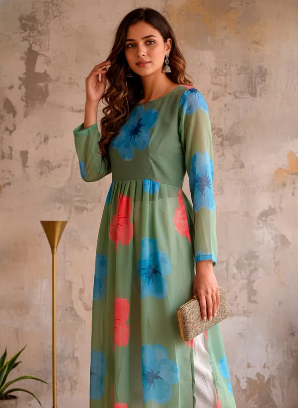 Printed_Georgette_Flared_Kurta_Green
