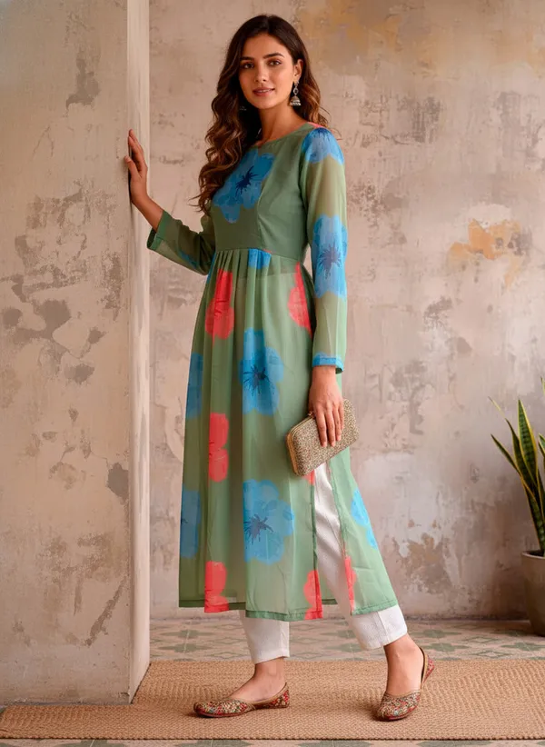 Printed_Georgette_Flared_Kurta_Green