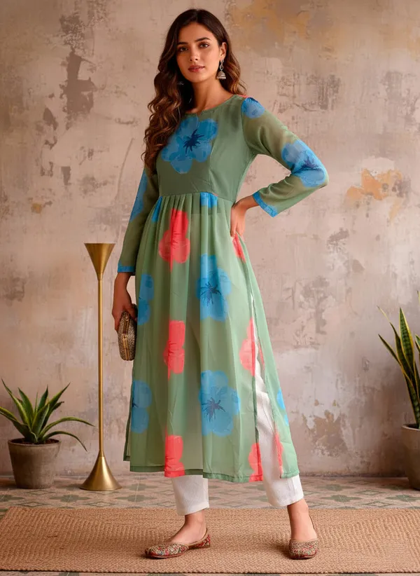 Printed_Georgette_Flared_Kurta_Green