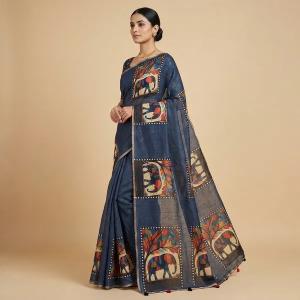 Grey_Cotton_Kalamkari_Print_Saree_For_Women