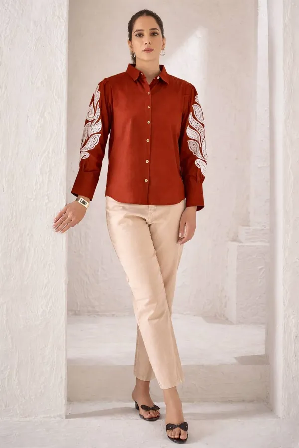 Maroon_Cotton_Embroidered_Shirt_For_Women