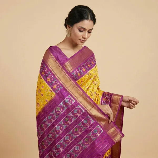 Yellow_And_Purple_Silk_Traditional_Handloom_Floral_Print_And_Contrast_Saree_For_Women