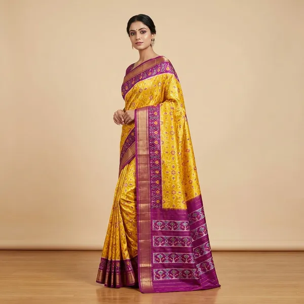 Yellow_And_Purple_Silk_Traditional_Handloom_Floral_Print_And_Contrast_Saree_For_Women