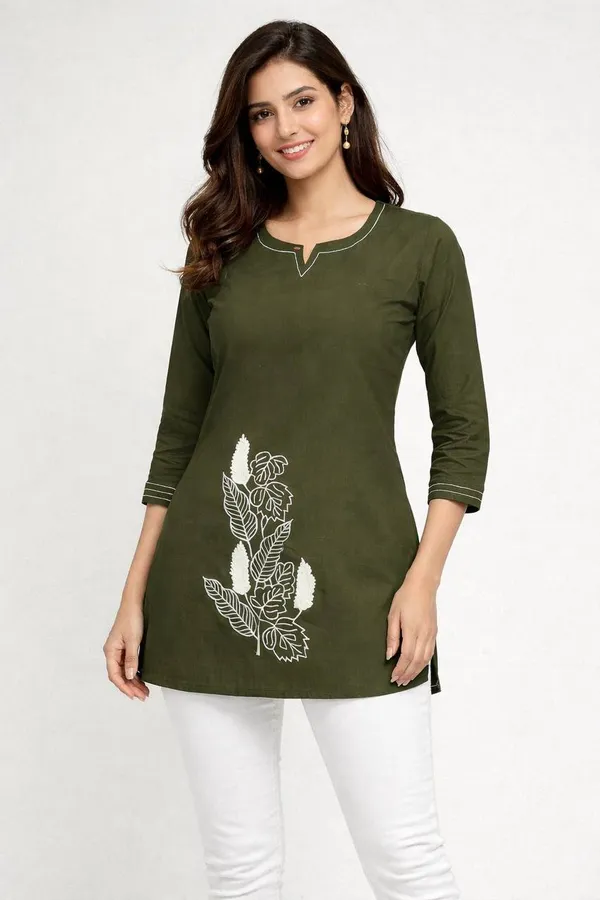 Olive_Green_Cotton_Embroidered_Tunic_Top_For_Women
