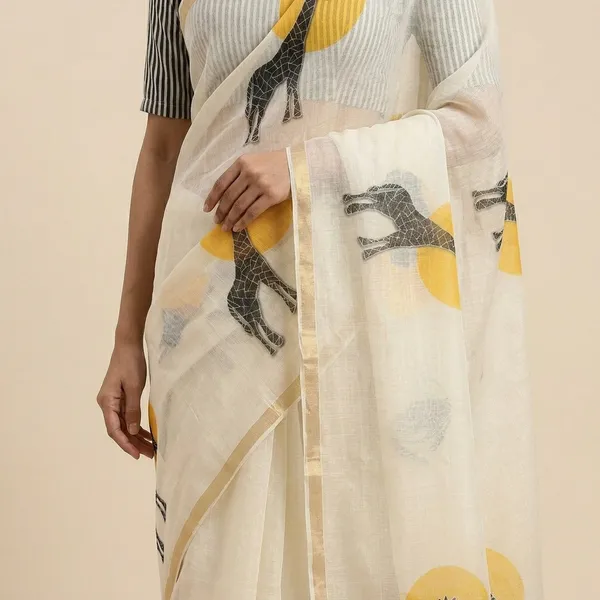 Off_White_Cotton_Giraffe_Print_Sun_Motifs_With_Striped_Saree_For_Women