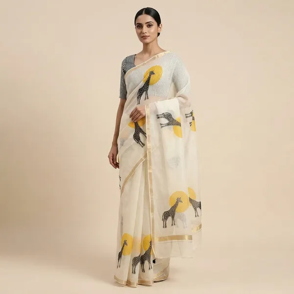 Off_White_Cotton_Giraffe_Print_Sun_Motifs_With_Striped_Saree_For_Women
