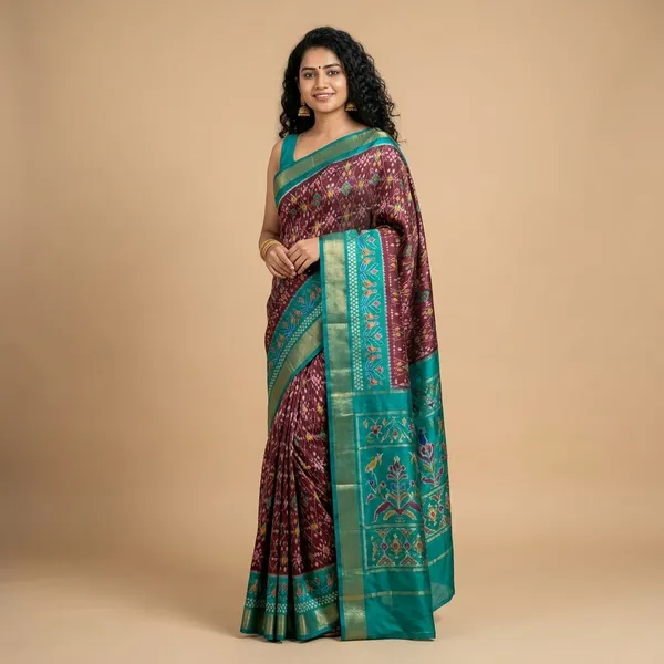 Blue_And_Maroon_Silk_Patola_Print_Saree_For_Women