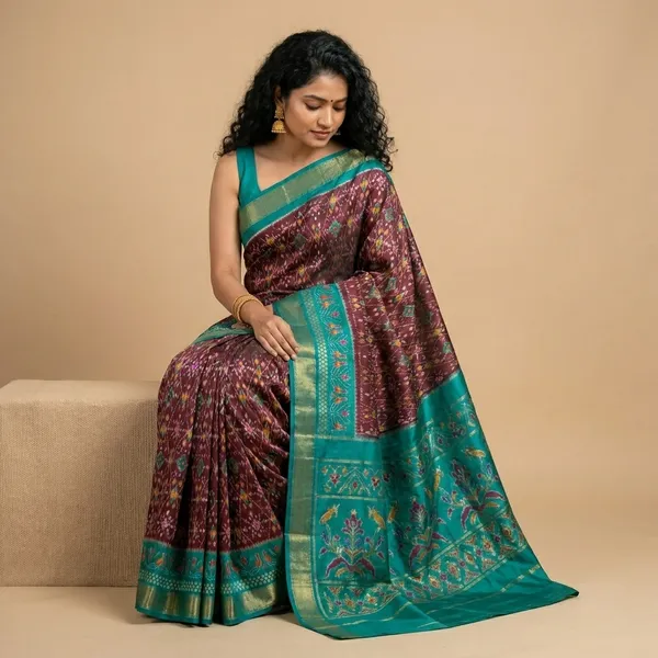 Blue_And_Maroon_Silk_Patola_Print_Saree_For_Women