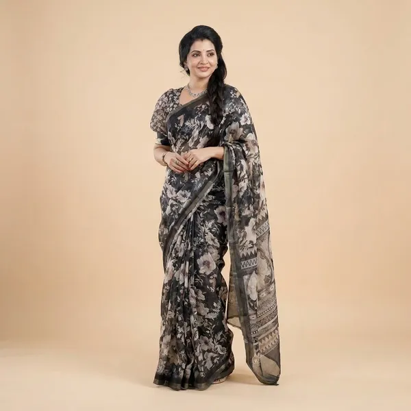 Black_And_White_Cotton_Floral_Print_Saree_For_Women
