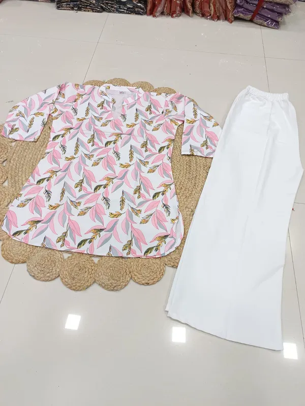 Off_White_Rayon_Feather_Print__Top_And_Pants_Set_For_Women